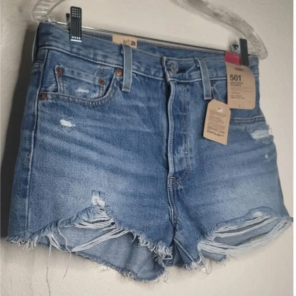 Levi's Women's 501 Original Shorts Distressed Button Fly High-rise Light Wash 29
